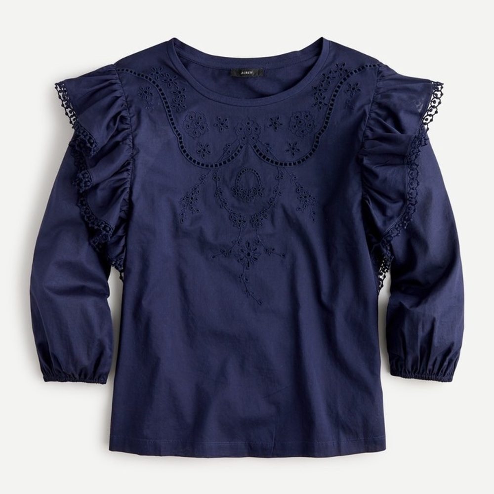 J. Crew Navy Blue Embroidered Eyelet Cotton Jersey Blouse Ruffle Top XS